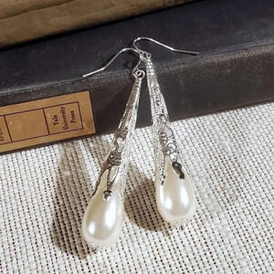 Lacy Silver Filigree Off White Faux Pearl Long Teardrop Earrings